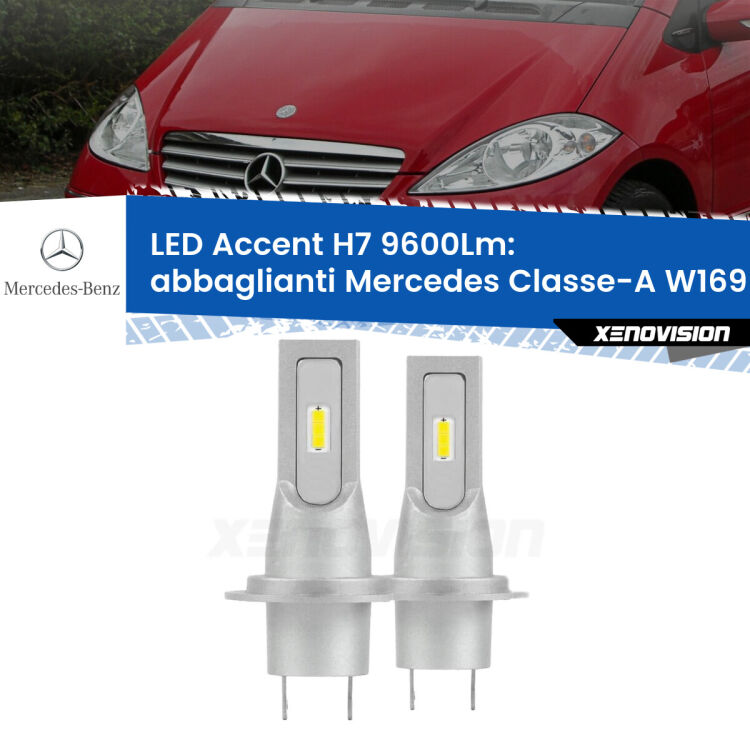 Abbaglianti LED H7 9600Lm per Mercedes Classe-A W169 2004 -2012 <strong>Kit LED Abbaglianti per Mercedes Classe-A</strong> W169 2004 -2012.</strong> Coppia lampade <strong>H7</strong> senza ventola e ultracompatte per installazioni in fari senza spazi.