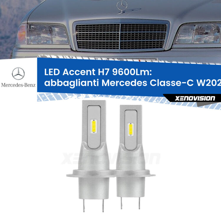 Abbaglianti LED H7 9600Lm per Mercedes Classe-C W202 con fari Xenon <strong>Kit LED Abbaglianti per Mercedes Classe-C</strong> W202 con fari Xenon.</strong> Coppia lampade <strong>H7</strong> senza ventola e ultracompatte per installazioni in fari senza spazi.