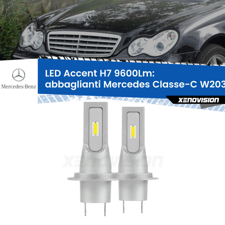 <strong>Kit LED Abbaglianti per Mercedes Classe-C</strong> W203 2000-2007.</strong> Coppia lampade <strong>H7</strong> senza ventola e ultracompatte per installazioni in fari senza spazi.