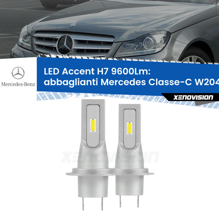 <strong>Kit LED Abbaglianti per Mercedes Classe-C</strong> W204 2007-2014.</strong> Coppia lampade <strong>H7</strong> senza ventola e ultracompatte per installazioni in fari senza spazi.
