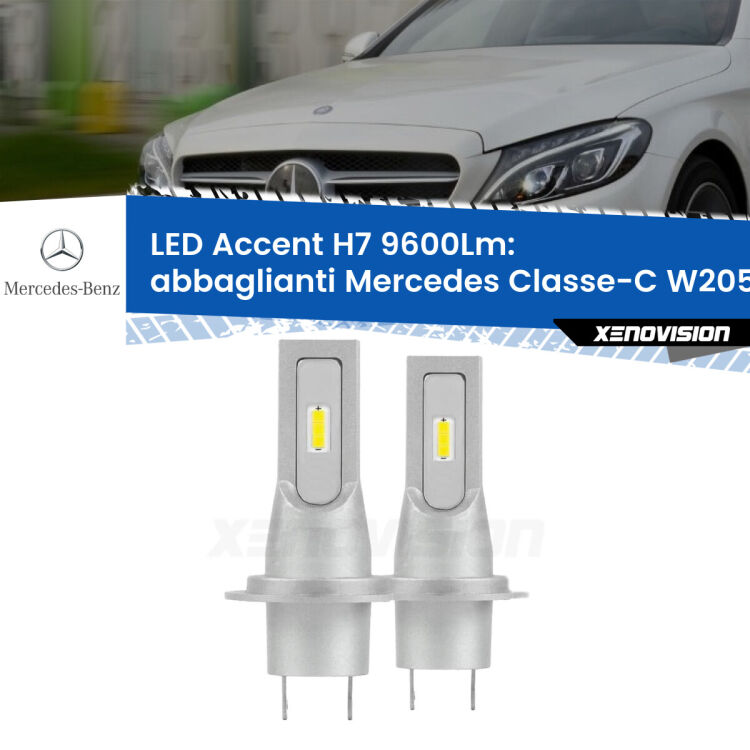 Abbaglianti LED H7 9600Lm per Mercedes Classe-C W205 2013 -2018 <strong>Kit LED Abbaglianti per Mercedes Classe-C</strong> W205 2013 -2018.</strong> Coppia lampade <strong>H7</strong> senza ventola e ultracompatte per installazioni in fari senza spazi.
