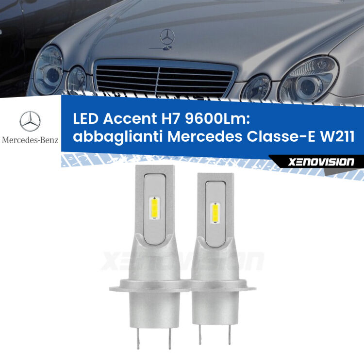 Abbaglianti LED H7 9600Lm per Mercedes Classe-E W211 2002 -2009 <strong>Kit LED Abbaglianti per Mercedes Classe-E</strong> W211 2002 -2009.</strong> Coppia lampade <strong>H7</strong> senza ventola e ultracompatte per installazioni in fari senza spazi.