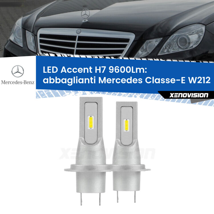 <strong>Kit LED Abbaglianti per Mercedes Classe-E</strong> W212 2009-2016.</strong> Coppia lampade <strong>H7</strong> senza ventola e ultracompatte per installazioni in fari senza spazi.