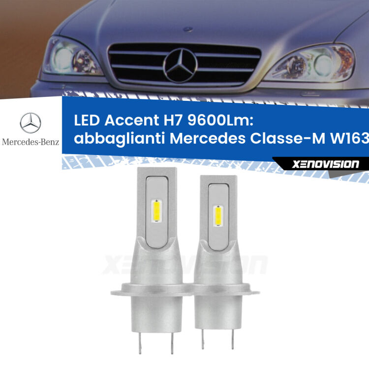 Abbaglianti LED H7 9600Lm per Mercedes Classe-M W163 2000 -2005 <strong>Kit LED Abbaglianti per Mercedes Classe-M</strong> W163 2000 -2005.</strong> Coppia lampade <strong>H7</strong> senza ventola e ultracompatte per installazioni in fari senza spazi.