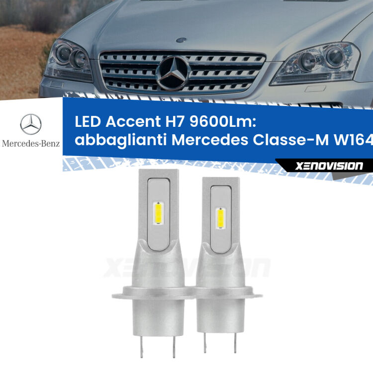Abbaglianti LED H7 9600Lm per Mercedes Classe-M W164 2005 -2011 <strong>Kit LED Abbaglianti per Mercedes Classe-M</strong> W164 2005 -2011.</strong> Coppia lampade <strong>H7</strong> senza ventola e ultracompatte per installazioni in fari senza spazi.