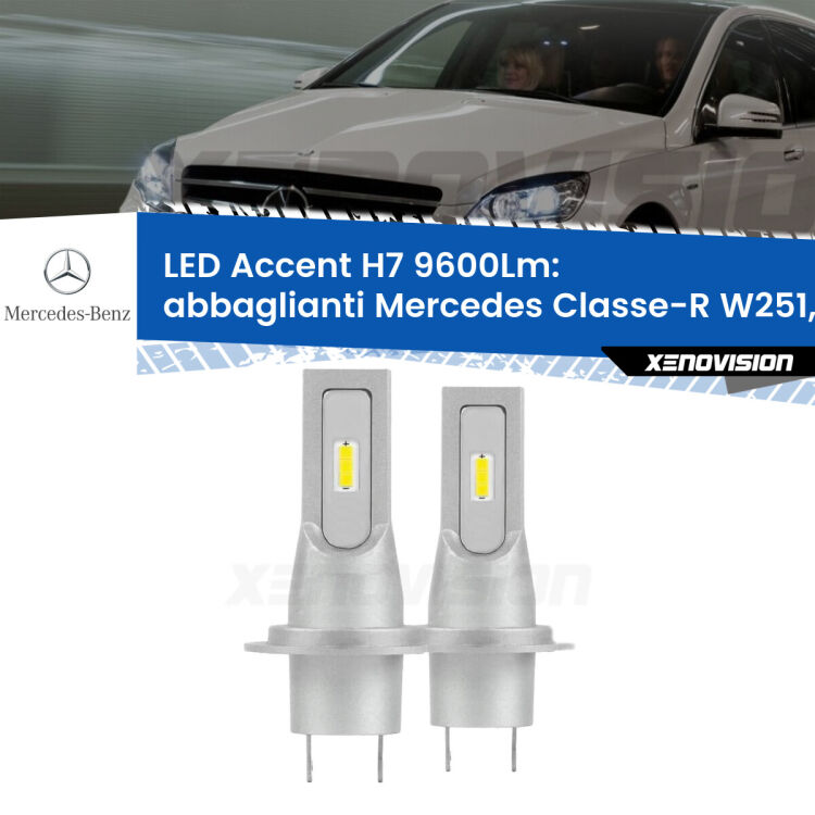 Abbaglianti LED H7 9600Lm per Mercedes Classe-R W251, V251 2006 -2014 <strong>Kit LED Abbaglianti per Mercedes Classe-R</strong> W251, V251 2006 -2014.</strong> Coppia lampade <strong>H7</strong> senza ventola e ultracompatte per installazioni in fari senza spazi.
