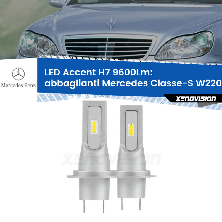 Abbaglianti LED H7 9600Lm per Mercedes Classe-S W220 1998 -2005 <strong>Kit LED Abbaglianti per Mercedes Classe-S</strong> W220 1998 -2005.</strong> Coppia lampade <strong>H7</strong> senza ventola e ultracompatte per installazioni in fari senza spazi.