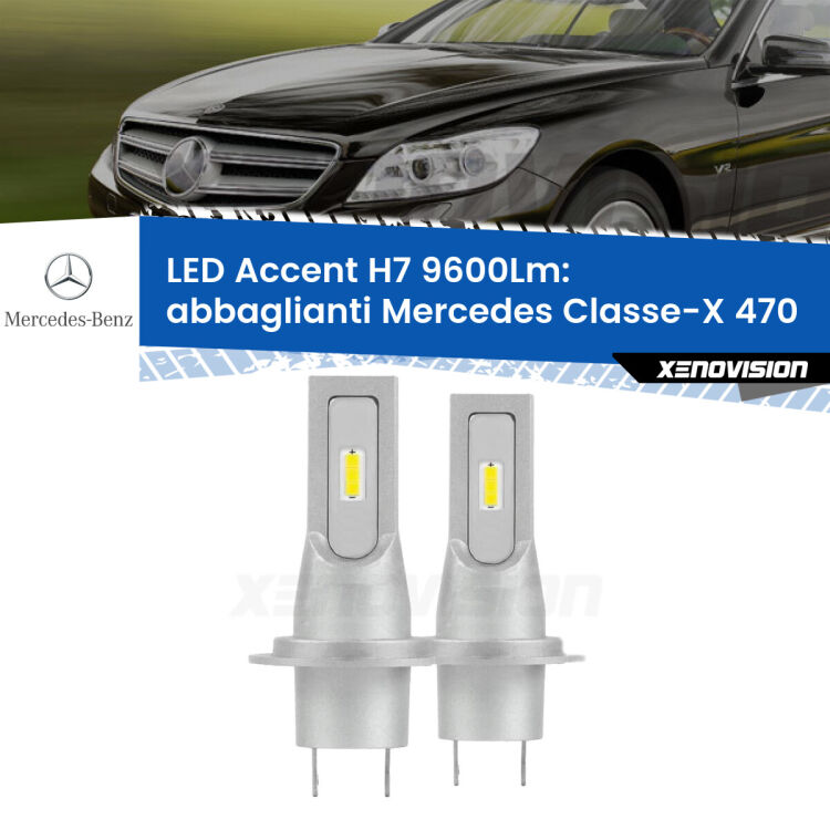 Abbaglianti LED H7 9600Lm per Mercedes Classe-X 470 2017 in poi <strong>Kit LED Abbaglianti per Mercedes Classe-X</strong> 470 2017 in poi.</strong> Coppia lampade <strong>H7</strong> senza ventola e ultracompatte per installazioni in fari senza spazi.