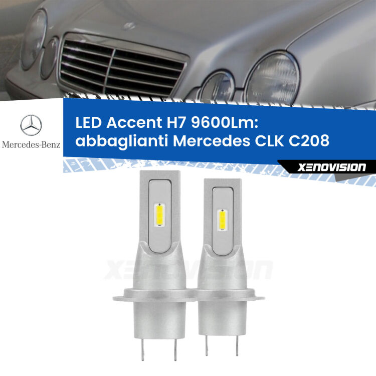 Abbaglianti LED H7 9600Lm per Mercedes CLK C208 1997 -2002 <strong>Kit LED Abbaglianti per Mercedes CLK</strong> C208 1997 -2002.</strong> Coppia lampade <strong>H7</strong> senza ventola e ultracompatte per installazioni in fari senza spazi.