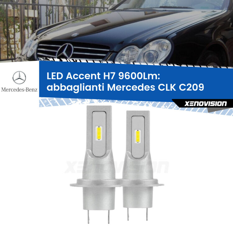 Abbaglianti LED H7 9600Lm per Mercedes CLK C209 2002 -2009 <strong>Kit LED Abbaglianti per Mercedes CLK</strong> C209 2002 -2009.</strong> Coppia lampade <strong>H7</strong> senza ventola e ultracompatte per installazioni in fari senza spazi.