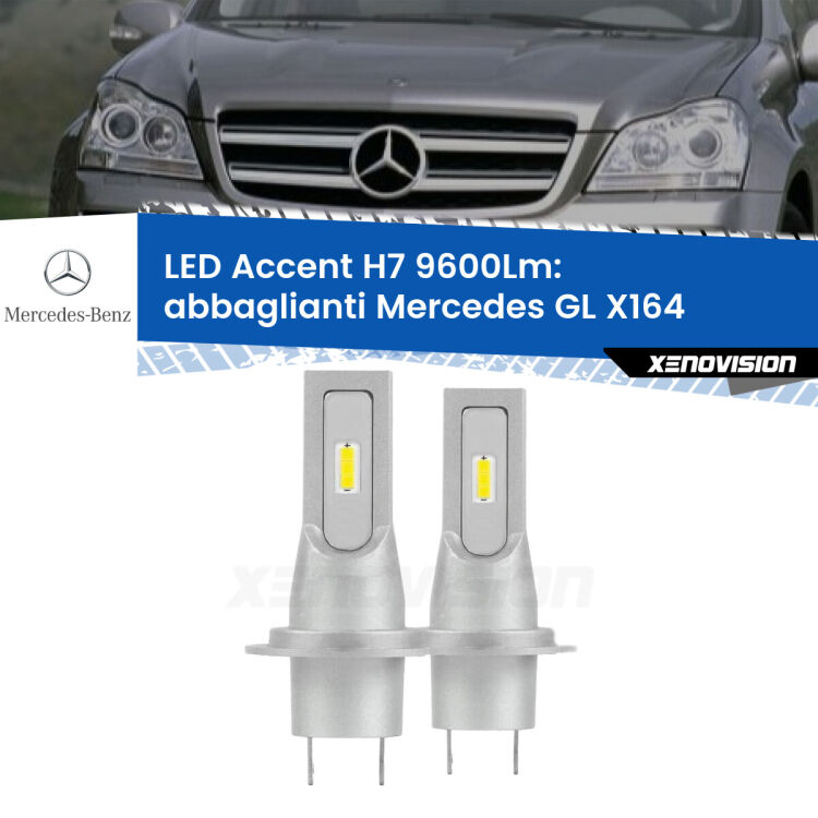 Abbaglianti LED H7 9600Lm per Mercedes GL X164 2006 -2012 <strong>Kit LED Abbaglianti per Mercedes GL</strong> X164 2006 -2012.</strong> Coppia lampade <strong>H7</strong> senza ventola e ultracompatte per installazioni in fari senza spazi.