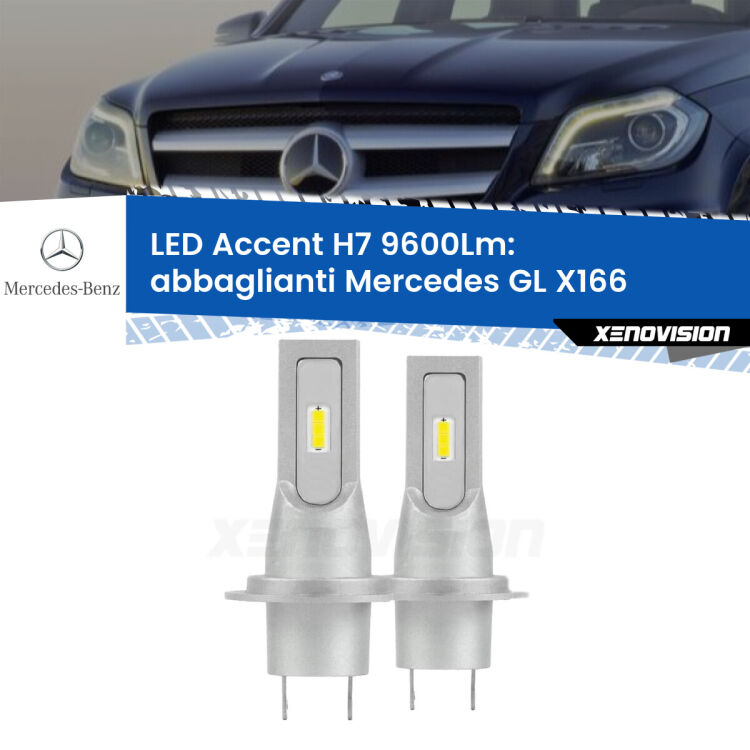 Abbaglianti LED H7 9600Lm per Mercedes GL X166 2012 -2015 <strong>Kit LED Abbaglianti per Mercedes GL</strong> X166 2012 -2015.</strong> Coppia lampade <strong>H7</strong> senza ventola e ultracompatte per installazioni in fari senza spazi.