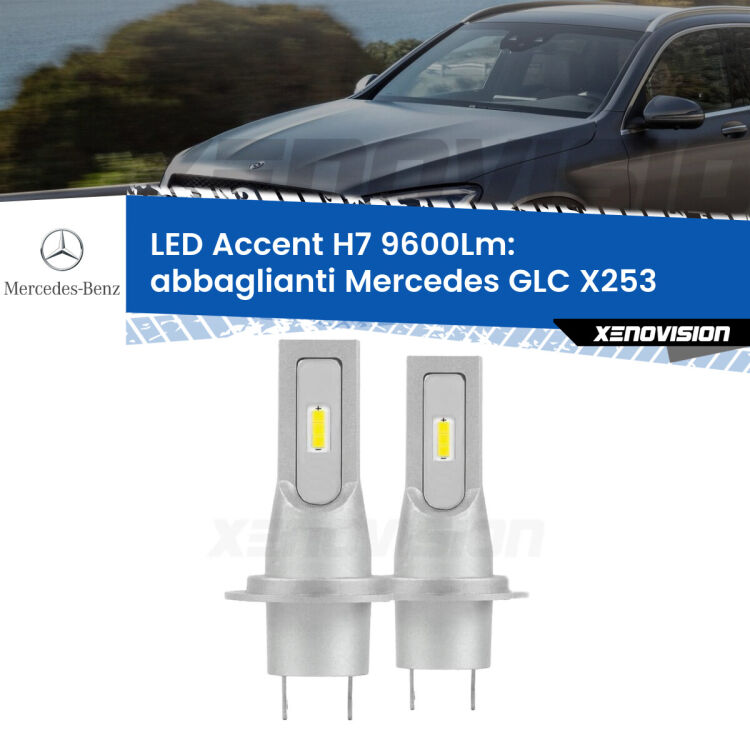 Abbaglianti LED H7 9600Lm per Mercedes GLC X253 2015 -2019 <strong>Kit LED Abbaglianti per Mercedes GLC</strong> X253 2015 -2019.</strong> Coppia lampade <strong>H7</strong> senza ventola e ultracompatte per installazioni in fari senza spazi.