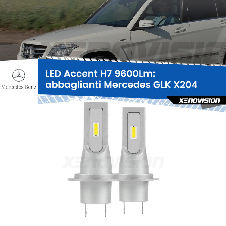 Abbaglianti LED H7 9600Lm per Mercedes GLK X204 2008 -2012 <strong>Kit LED Abbaglianti per Mercedes GLK</strong> X204 2008 -2012.</strong> Coppia lampade <strong>H7</strong> senza ventola e ultracompatte per installazioni in fari senza spazi.