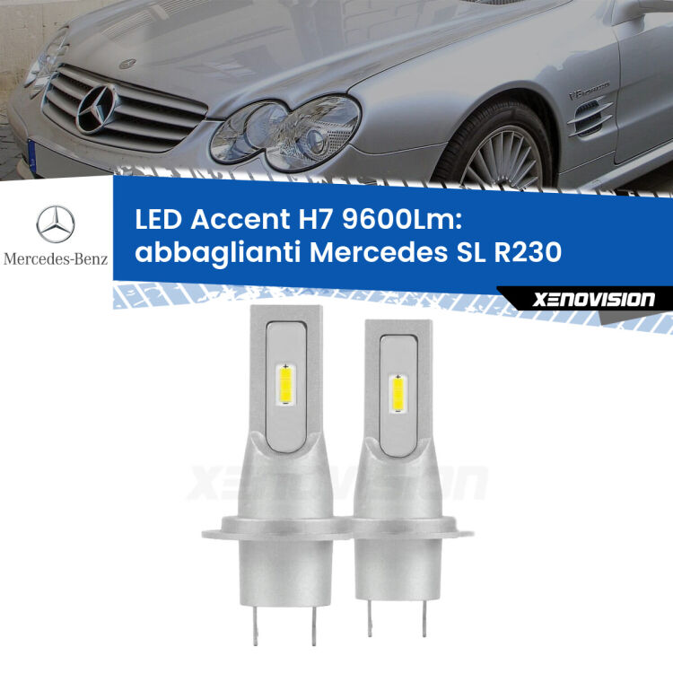Abbaglianti LED H7 9600Lm per Mercedes SL R230 2001 -2012 <strong>Kit LED Abbaglianti per Mercedes SL</strong> R230 2001 -2012.</strong> Coppia lampade <strong>H7</strong> senza ventola e ultracompatte per installazioni in fari senza spazi.