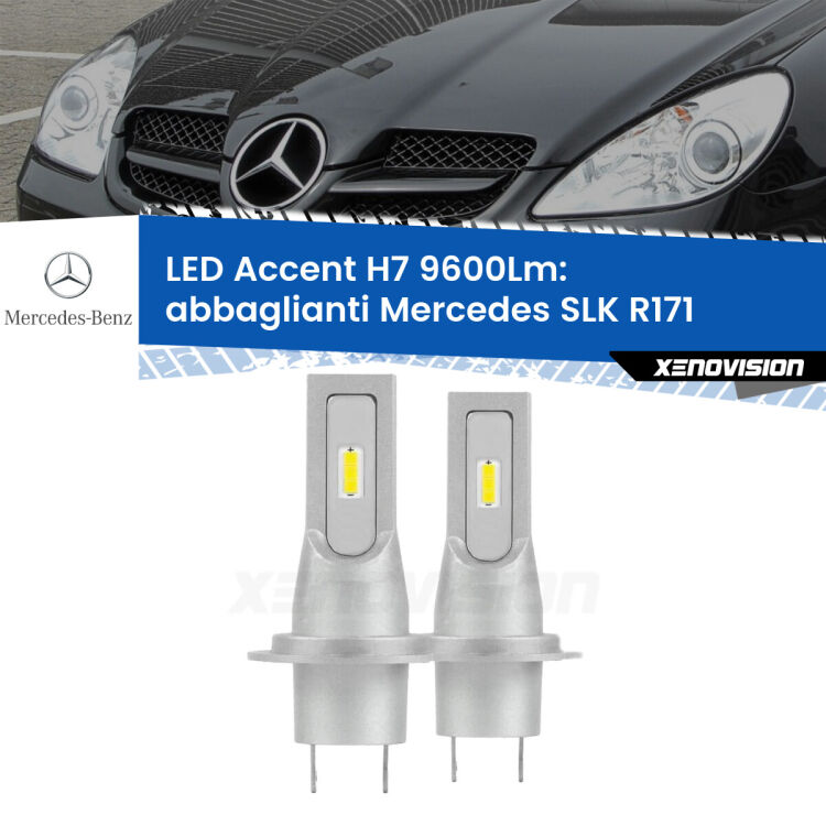 Abbaglianti LED H7 9600Lm per Mercedes SLK R171 2004 -2011 <strong>Kit LED Abbaglianti per Mercedes SLK</strong> R171 2004 -2011.</strong> Coppia lampade <strong>H7</strong> senza ventola e ultracompatte per installazioni in fari senza spazi.