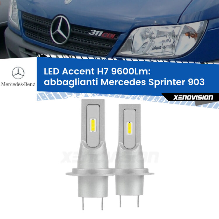 Abbaglianti LED H7 9600Lm per Mercedes Sprinter 903 2002 -2006 <strong>Kit LED Abbaglianti per Mercedes Sprinter</strong> 903 2002 -2006.</strong> Coppia lampade <strong>H7</strong> senza ventola e ultracompatte per installazioni in fari senza spazi.