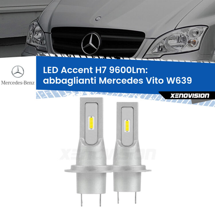 Abbaglianti LED H7 9600Lm per Mercedes Vito W639 2003 -2010 <strong>Kit LED Abbaglianti per Mercedes Vito</strong> W639 2003 -2010.</strong> Coppia lampade <strong>H7</strong> senza ventola e ultracompatte per installazioni in fari senza spazi.