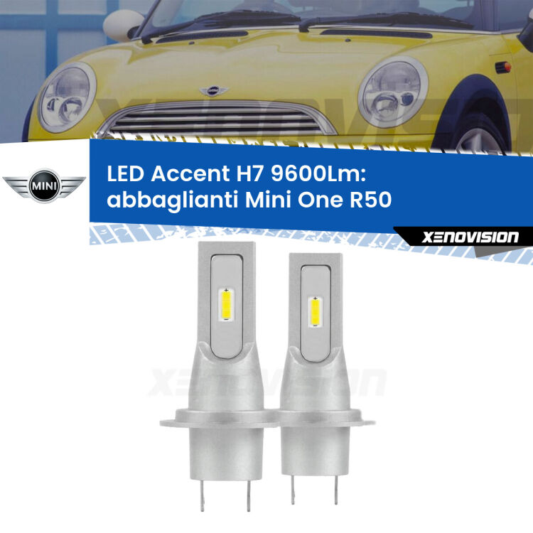 <strong>Kit LED Abbaglianti per Mini One</strong> R50 2001-2006.</strong> Coppia lampade <strong>H7</strong> senza ventola e ultracompatte per installazioni in fari senza spazi.