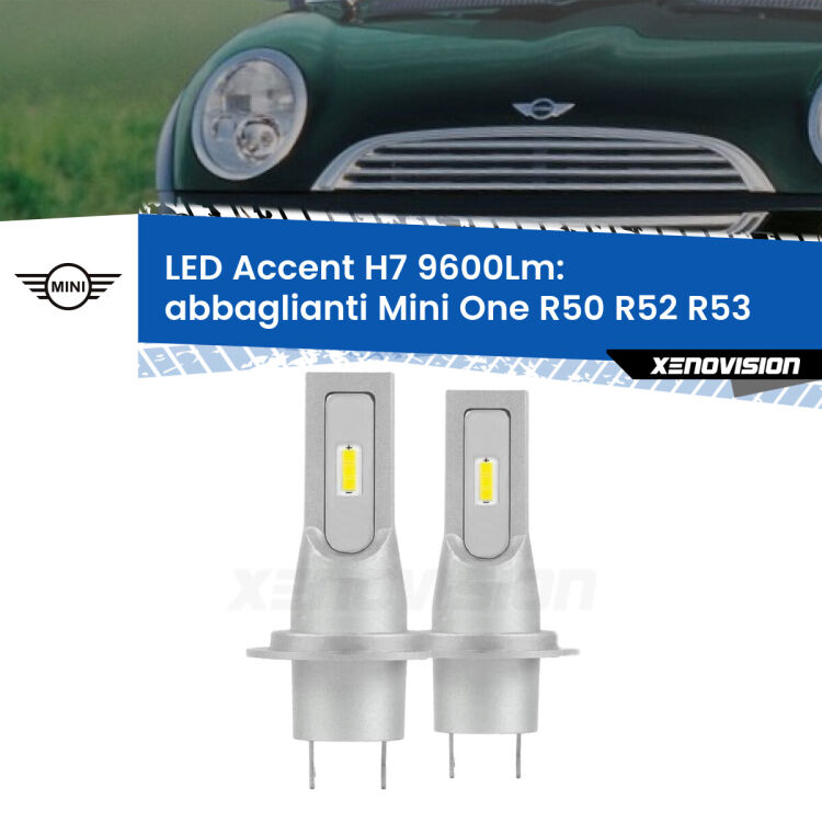 Abbaglianti LED H7 9600Lm per Mini One R50 R52 R53 2001 -2006 <strong>Kit LED Abbaglianti per Mini One</strong> R50 R52 R53 2001 -2006.</strong> Coppia lampade <strong>H7</strong> senza ventola e ultracompatte per installazioni in fari senza spazi.