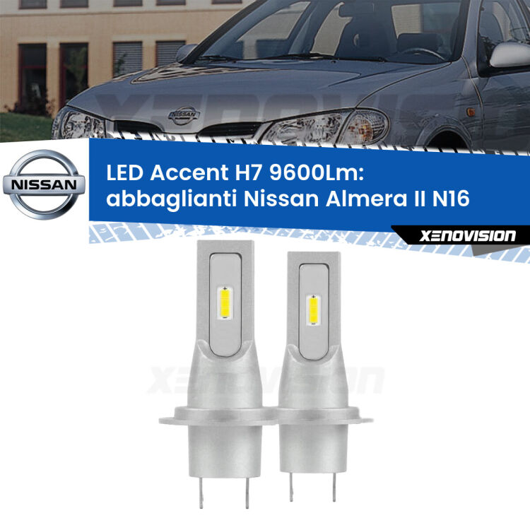 <strong>Kit LED Abbaglianti per Nissan Almera II</strong> N16 2002-2006.</strong> Coppia lampade <strong>H7</strong> senza ventola e ultracompatte per installazioni in fari senza spazi.