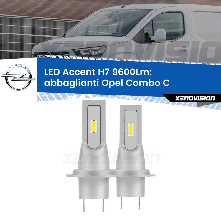 Abbaglianti LED H7 9600Lm per Opel Combo C  2001 -2004 <strong>Kit LED Abbaglianti per Opel Combo C</strong>  2001 -2004.</strong> Coppia lampade <strong>H7</strong> senza ventola e ultracompatte per installazioni in fari senza spazi.