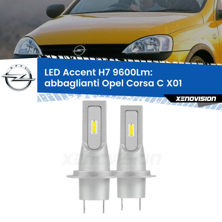 Abbaglianti LED H7 9600Lm per Opel Corsa C X01 con fari lenticolari <strong>Kit LED Abbaglianti per Opel Corsa C</strong> X01 con fari lenticolari.</strong> Coppia lampade <strong>H7</strong> senza ventola e ultracompatte per installazioni in fari senza spazi.