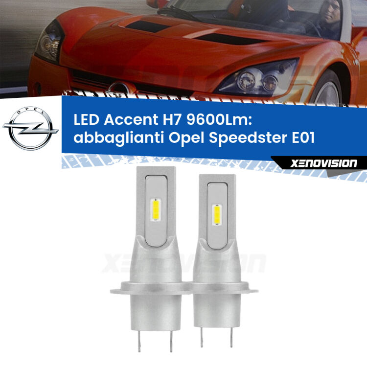 0 Abbaglianti LED H7 9600Lm per Opel Speedster E01 2000 -2006 <strong>Kit LED Abbaglianti per Opel Speedster</strong> E01 2000 -2006.</strong> Coppia lampade <strong>H7</strong> senza ventola e ultracompatte per installazioni in fari senza spazi.