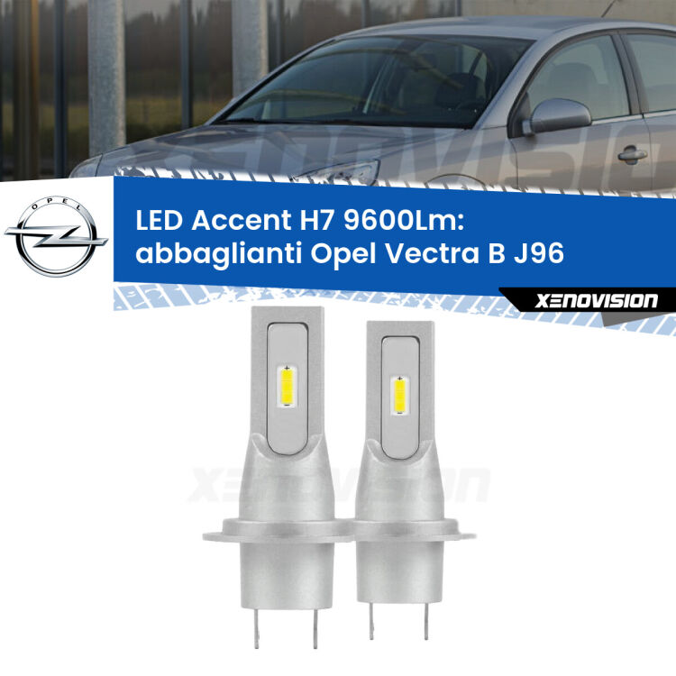 <strong>Kit LED Abbaglianti per Opel Vectra B</strong> J96 restyling.</strong> Coppia lampade <strong>H7</strong> senza ventola e ultracompatte per installazioni in fari senza spazi.