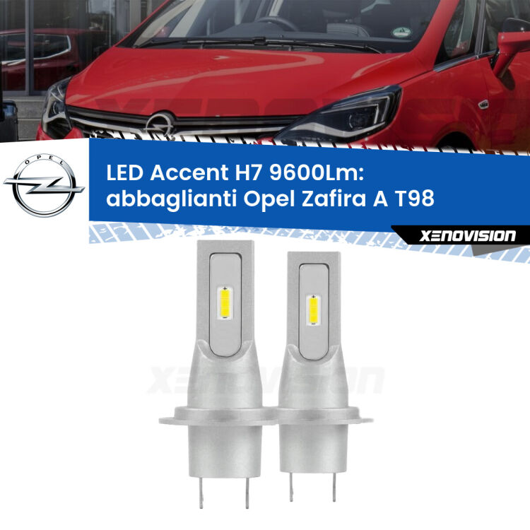 <strong>Kit LED Abbaglianti per Opel Zafira A</strong> T98 con fari Xenon fino al 2003/2.</strong> Coppia lampade <strong>H7</strong> senza ventola e ultracompatte per installazioni in fari senza spazi.