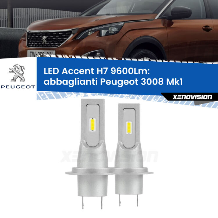 Abbaglianti LED H7 9600Lm per Peugeot 3008 Mk1 2008 -2012 <strong>Kit LED Abbaglianti per Peugeot 3008</strong> Mk1 2008 -2012.</strong> Coppia lampade <strong>H7</strong> senza ventola e ultracompatte per installazioni in fari senza spazi.