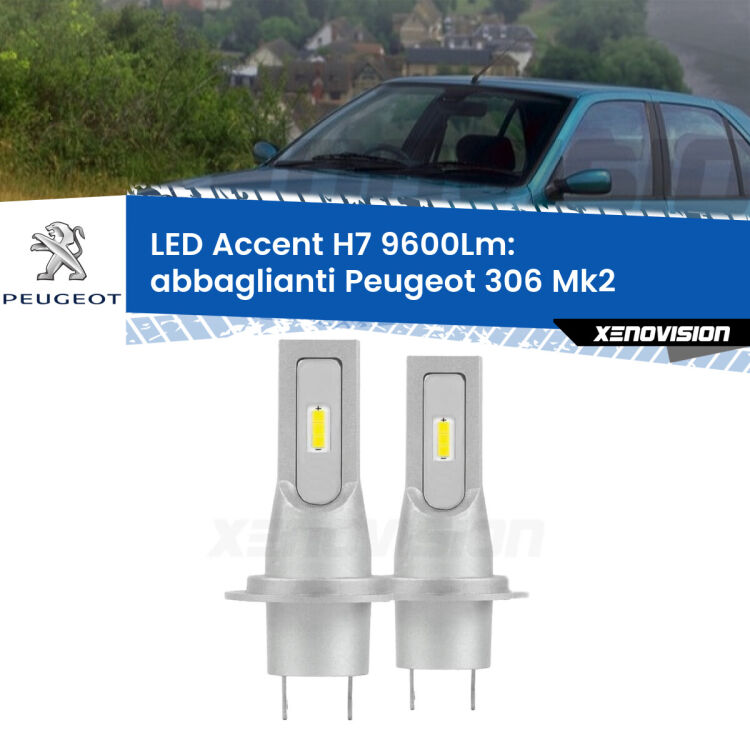 Abbaglianti LED H7 9600Lm per Peugeot 306 Mk2 1997 -1999 <strong>Kit LED Abbaglianti per Peugeot 306</strong> Mk2 1997 -1999.</strong> Coppia lampade <strong>H7</strong> senza ventola e ultracompatte per installazioni in fari senza spazi.