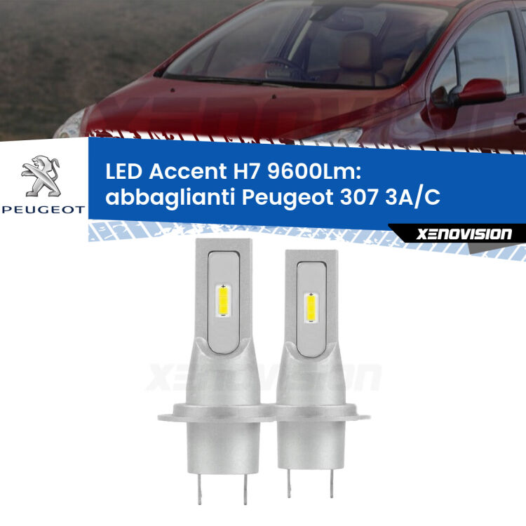 Abbaglianti LED H7 9600Lm per Peugeot 307 3A/C con fari Xenon <strong>Kit LED Abbaglianti per Peugeot 307</strong> 3A/C con fari Xenon.</strong> Coppia lampade <strong>H7</strong> senza ventola e ultracompatte per installazioni in fari senza spazi.