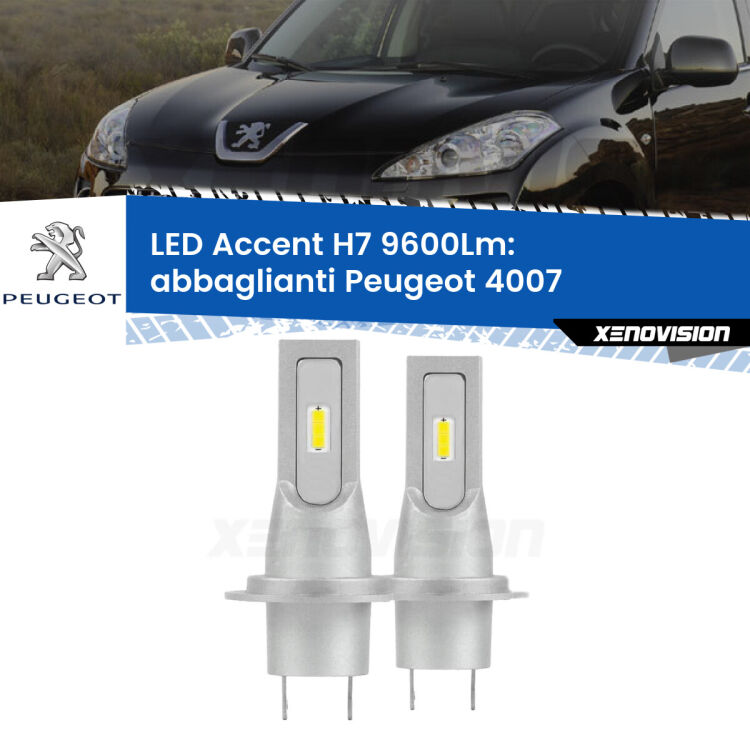 0 Abbaglianti LED H7 9600Lm per Peugeot 4007 2007 -2012 <strong>Kit LED Abbaglianti per Peugeot 4007</strong> 2007 -2012.</strong> Coppia lampade <strong>H7</strong> senza ventola e ultracompatte per installazioni in fari senza spazi.
