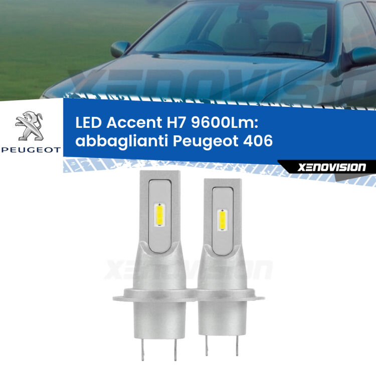 0 Abbaglianti LED H7 9600Lm per Peugeot 406 1995 -2004 <strong>Kit LED Abbaglianti per Peugeot 406</strong> 1995 -2004.</strong> Coppia lampade <strong>H7</strong> senza ventola e ultracompatte per installazioni in fari senza spazi.