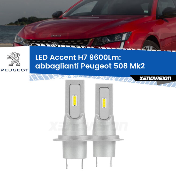 Abbaglianti LED H7 9600Lm per Peugeot 508 Mk2 2018 in poi <strong>Kit LED Abbaglianti per Peugeot 508</strong> Mk2 2018 in poi.</strong> Coppia lampade <strong>H7</strong> senza ventola e ultracompatte per installazioni in fari senza spazi.