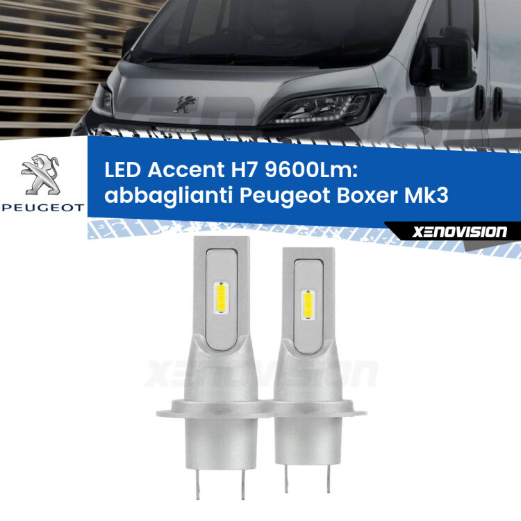 Abbaglianti LED H7 9600Lm per Peugeot Boxer Mk3 2014 in poi <strong>Kit LED Abbaglianti per Peugeot Boxer</strong> Mk3 2014 in poi.</strong> Coppia lampade <strong>H7</strong> senza ventola e ultracompatte per installazioni in fari senza spazi.