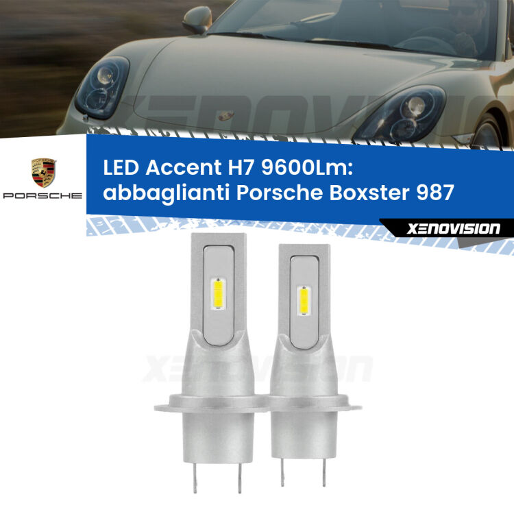 Abbaglianti LED H7 9600Lm per Porsche Boxster 987 dal 2009, con fari Bi-Xenon <strong>Kit LED Abbaglianti per Porsche Boxster</strong> 987 dal 2009, con fari Bi-Xenon.</strong> Coppia lampade <strong>H7</strong> senza ventola e ultracompatte per installazioni in fari senza spazi.