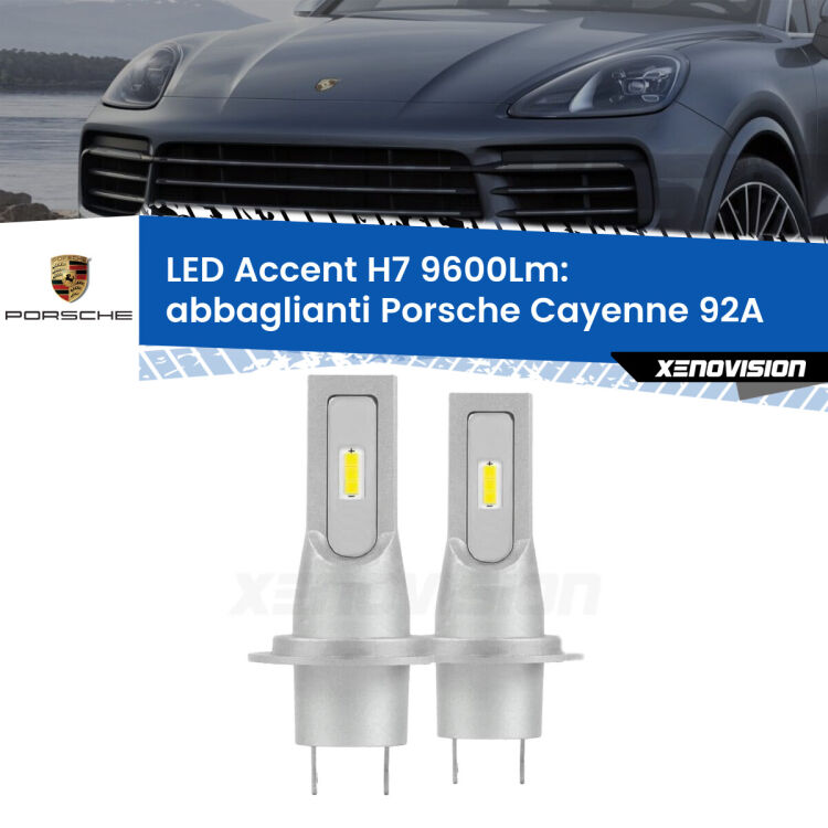 Abbaglianti LED H7 9600Lm per Porsche Cayenne 92A fino al 2014, con fari Bi-Xenon <strong>Kit LED Abbaglianti per Porsche Cayenne</strong> 92A fino al 2014, con fari Bi-Xenon.</strong> Coppia lampade <strong>H7</strong> senza ventola e ultracompatte per installazioni in fari senza spazi.