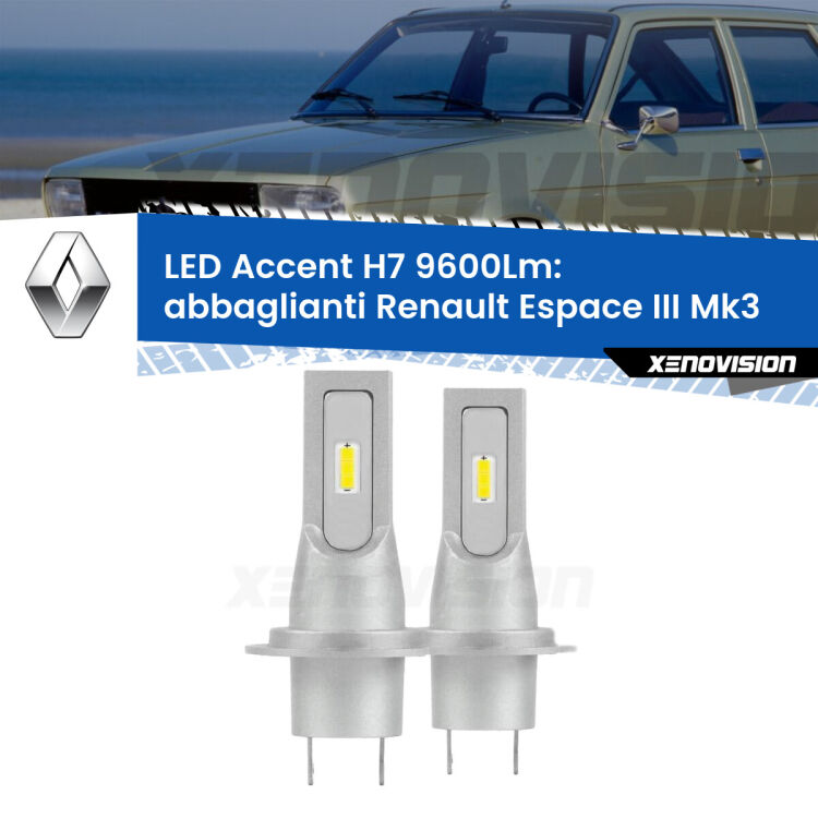 <strong>Kit LED Abbaglianti per Renault Espace III</strong> Mk3 2000-2002.</strong> Coppia lampade <strong>H7</strong> senza ventola e ultracompatte per installazioni in fari senza spazi.