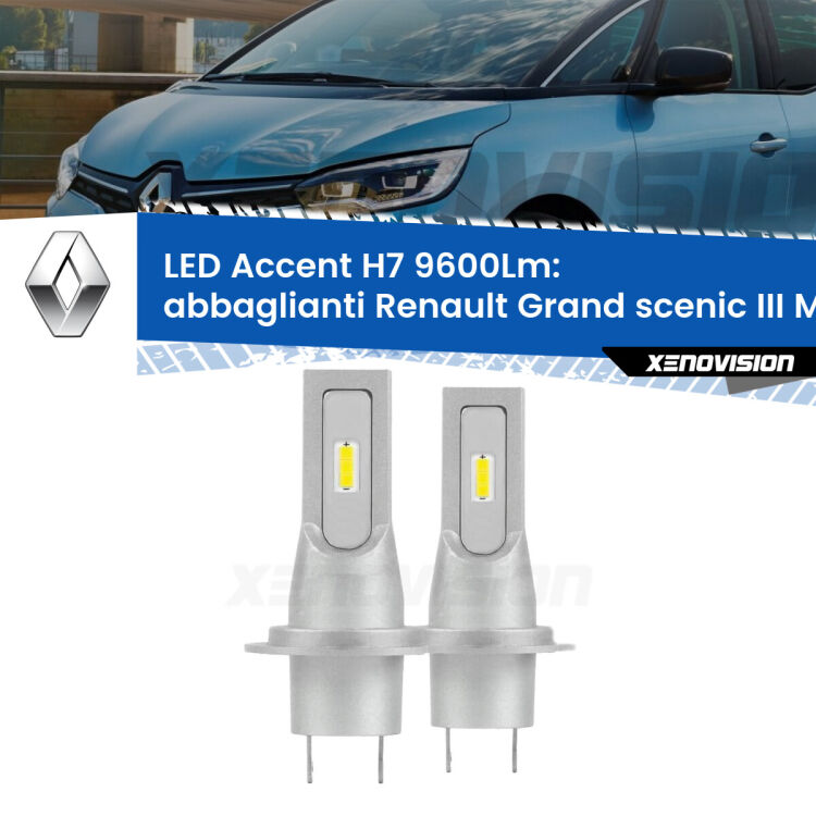 <strong>Kit LED Abbaglianti per Renault Grand scenic III</strong> Mk3 2009-2015.</strong> Coppia lampade <strong>H7</strong> senza ventola e ultracompatte per installazioni in fari senza spazi.