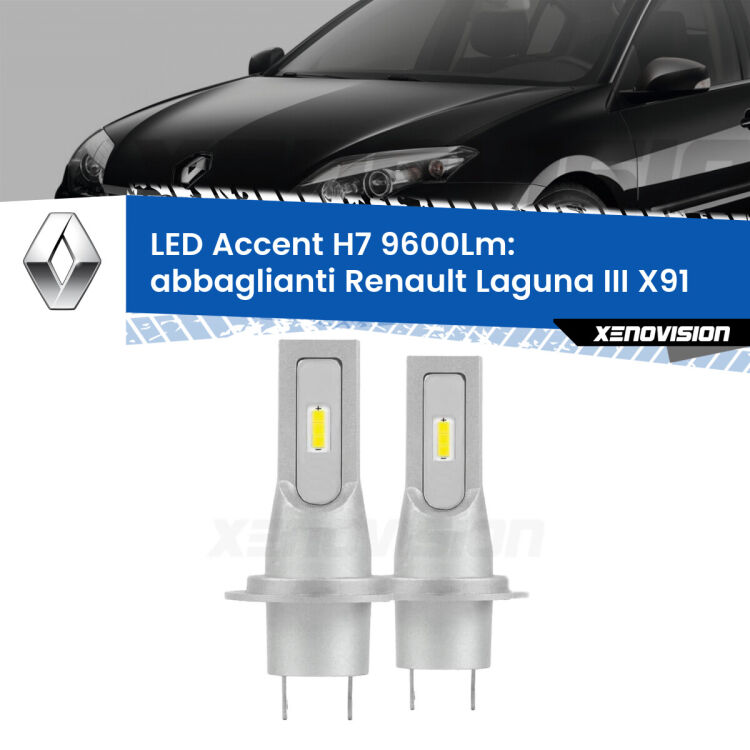 <strong>Kit LED Abbaglianti per Renault Laguna III</strong> X91 2007-2015.</strong> Coppia lampade <strong>H7</strong> senza ventola e ultracompatte per installazioni in fari senza spazi.