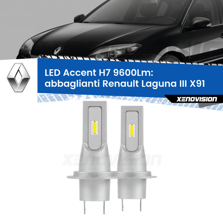 Abbaglianti LED H7 9600Lm per Renault Laguna III X91 2007 -2015 <strong>Kit LED Abbaglianti per Renault Laguna III</strong> X91 2007 -2015.</strong> Coppia lampade <strong>H7</strong> senza ventola e ultracompatte per installazioni in fari senza spazi.