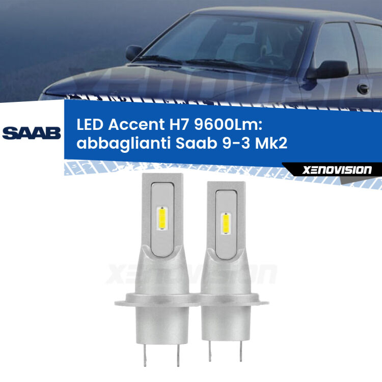 <strong>Kit LED Abbaglianti per Saab 9-3</strong> Mk2 2003-2007.</strong> Coppia lampade <strong>H7</strong> senza ventola e ultracompatte per installazioni in fari senza spazi.