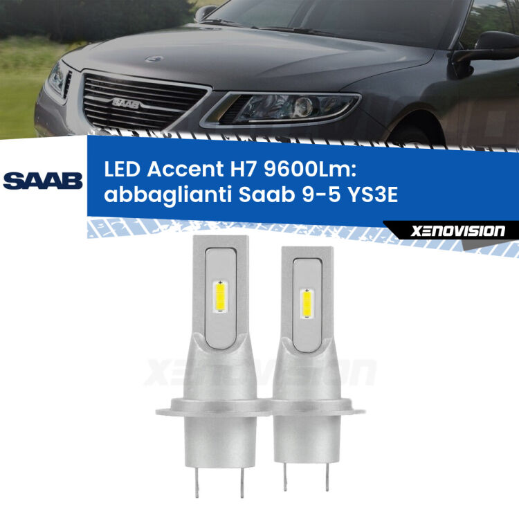 <strong>Kit LED Abbaglianti per Saab 9-5</strong> YS3E 1997-2010.</strong> Coppia lampade <strong>H7</strong> senza ventola e ultracompatte per installazioni in fari senza spazi.