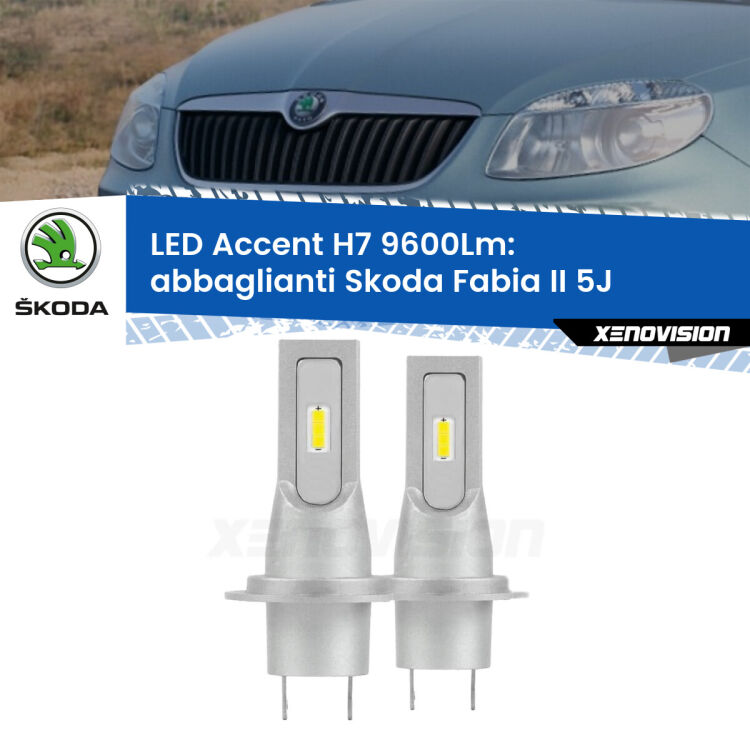 Abbaglianti LED H7 9600Lm per Skoda Fabia II 5J 2006 -2014 <strong>Kit LED Abbaglianti per Skoda Fabia II</strong> 5J 2006 -2014.</strong> Coppia lampade <strong>H7</strong> senza ventola e ultracompatte per installazioni in fari senza spazi.