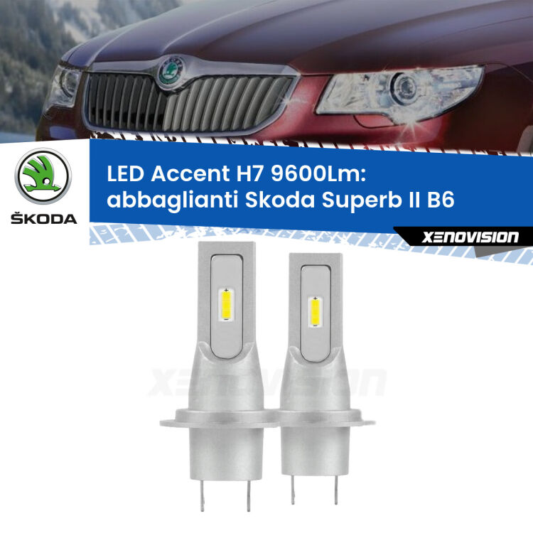 Abbaglianti LED H7 9600Lm per Skoda Superb II B6 dal 2014, con fari Bi-Xenon <strong>Kit LED Abbaglianti per Skoda Superb II</strong> B6 dal 2014, con fari Bi-Xenon.</strong> Coppia lampade <strong>H7</strong> senza ventola e ultracompatte per installazioni in fari senza spazi.
