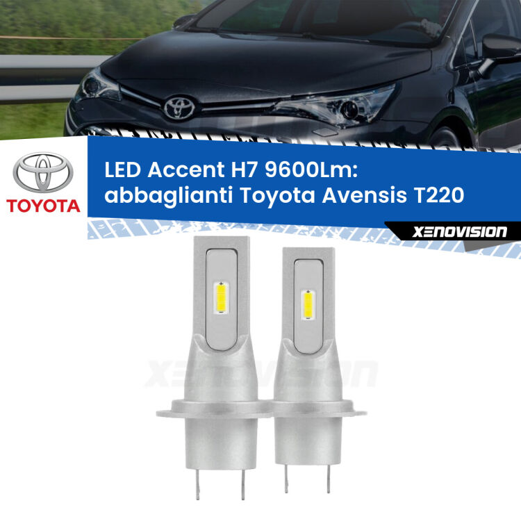 Abbaglianti LED H7 9600Lm per Toyota Avensis T220 1997 -2003 <strong>Kit LED Abbaglianti per Toyota Avensis</strong> T220 1997 -2003.</strong> Coppia lampade <strong>H7</strong> senza ventola e ultracompatte per installazioni in fari senza spazi.