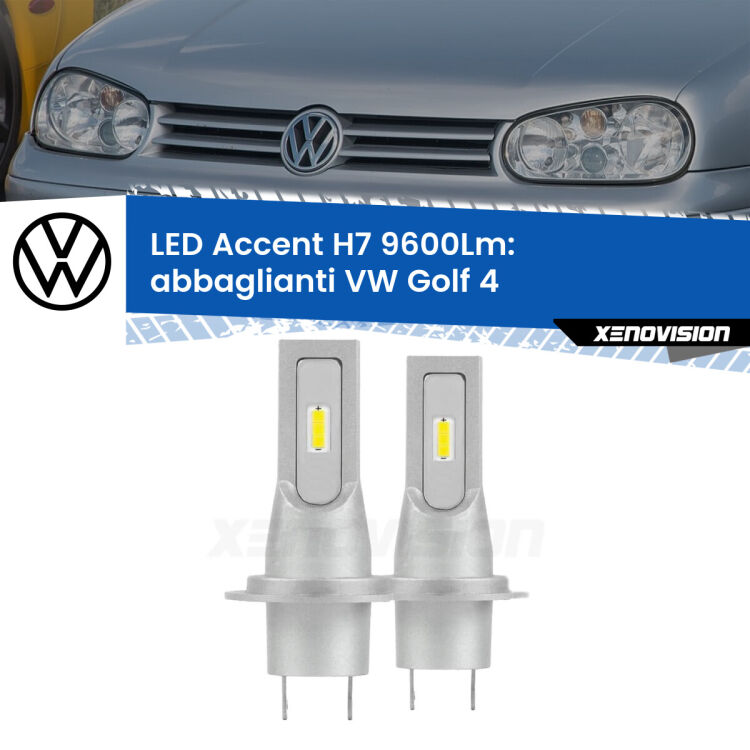 Abbaglianti LED H7 9600Lm per VW Golf 4  con fari Xenon <strong>Kit LED Abbaglianti per VW Golf 4</strong>  con fari Xenon.</strong> Coppia lampade <strong>H7</strong> senza ventola e ultracompatte per installazioni in fari senza spazi.