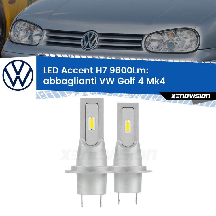 <strong>Kit LED Abbaglianti per VW Golf 4</strong> Mk4 con fari Xenon.</strong> Coppia lampade <strong>H7</strong> senza ventola e ultracompatte per installazioni in fari senza spazi.
